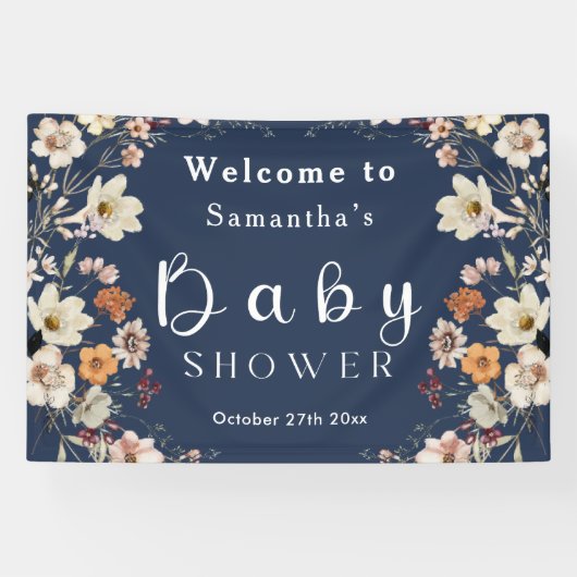 Navy Blue Pastel Boho Wildblume Babydusche Banner (Horizontal)