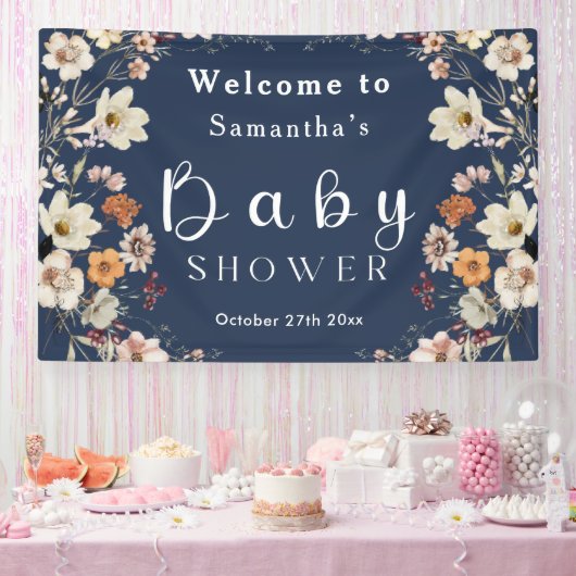 Navy Blue Pastel Boho Wildblume Babydusche Banner (Party)