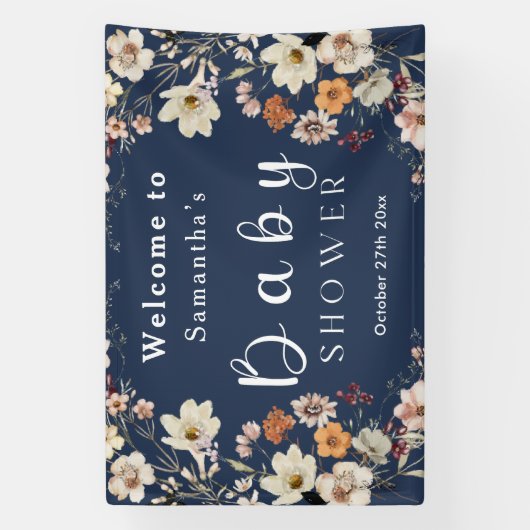 Navy Blue Pastel Boho Wildblume Babydusche Banner (Vertikal)