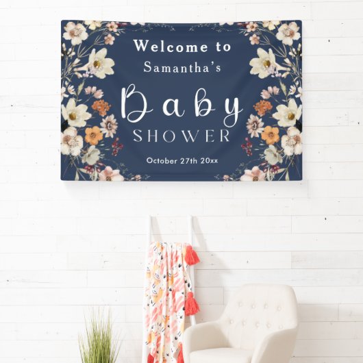 Navy Blue Pastel Boho Wildblume Babydusche Banner (InSitu)
