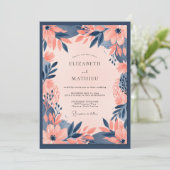 Navy Blue Peach Bold Floral Wedding Einladung (Stehend Vorderseite)