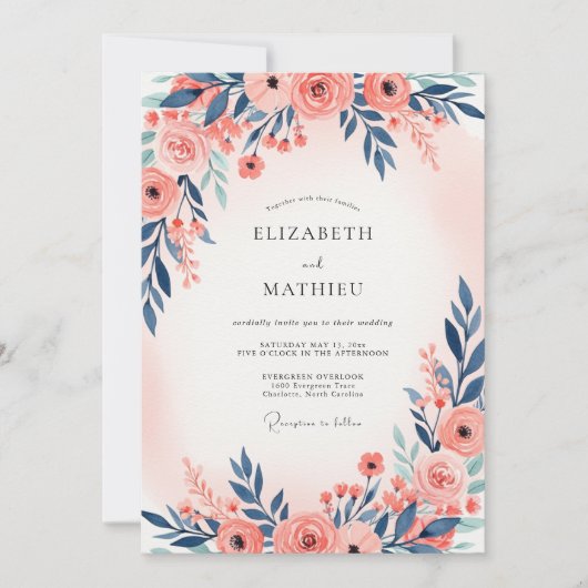 Navy Blue Peach Ethereal Spring Wedding Einladung (Vorderseite)