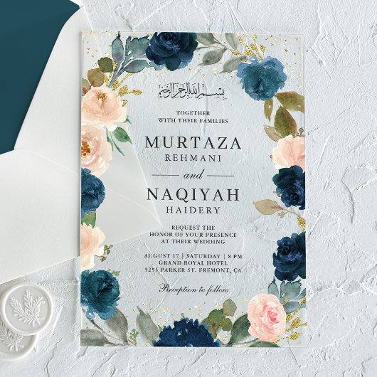 Navy Blue Peach Floral Muslim Wedding Acryleinladungen