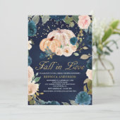 Navy Blue Peach Floral Pumpkin Brautparty Einladung (Stehend Vorderseite)