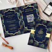 Navy Blue Peacock Feathers QR Code Muslim Wedding Einladung