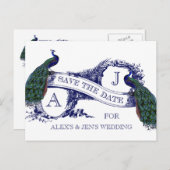 Navy Blue Peacock Save the Date Ankündigungspostkarte (Vorne/Hinten)