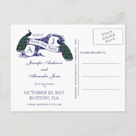 Navy Blue Peacock Save the Date Ankündigungspostkarte (Rückseite)
