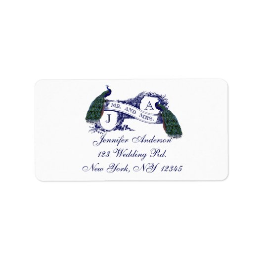 Navy Blue Peacock Wedding RSVP Adressaufkleber (Vorne)