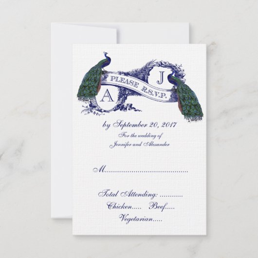 Navy Blue Peacock Wedding RSVP Karte (Vorderseite)