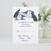 Navy Blue Peacock Wedding RSVP Karte (Stehend Vorderseite)