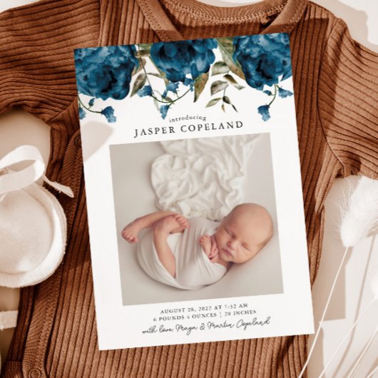 Navy Blue Peony Baby Foto Geburtserklärung Ankündigung