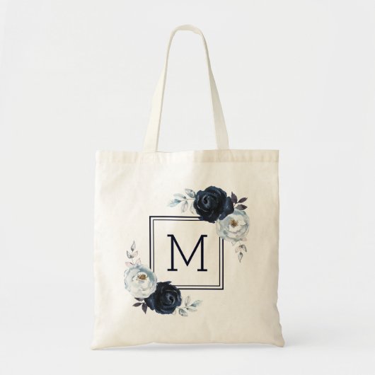 Navy Blue Peony Floral Monogram Tragetasche (Vorne)