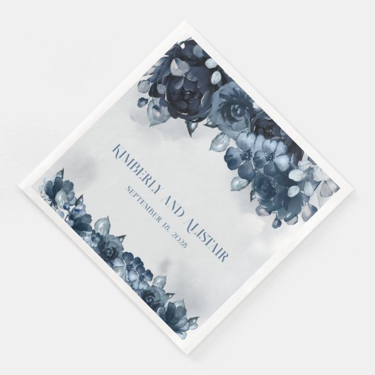 Navy Blue Peony Silver Eukalyptus Greenerity Weddi Serviette (Ecke)