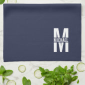 Navy Blue Personalisiert Bold Monogram und Name Geschirrtuch (Gefaltet)