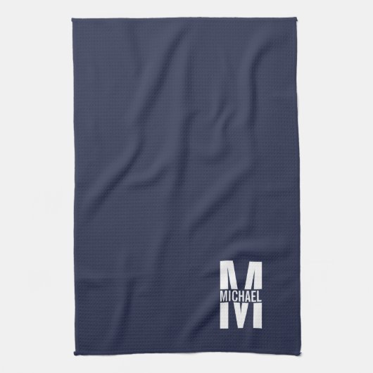 Navy Blue Personalisiert Bold Monogram und Name Geschirrtuch (Vertikal)