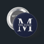 Navy Blue Personalisiert Monogram und Name Button<br><div class="desc">Personalisierte Monogramm- und Namensgeschenke mit personalisiertem,  weißem Monogramm im klassischen Serif-Schriftart-Stil mit einem Namenskasten in der Mitte des Monogramms auf marinebasischem Hintergrund. Perfekt als väterliche Tagesgeschenke für Papa,  danke Geschenke für Trauzeugen und mehr.</div>