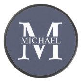 Navy Blue Personalisiert Monogram und Name Eishockey Puck (Vorderseite)