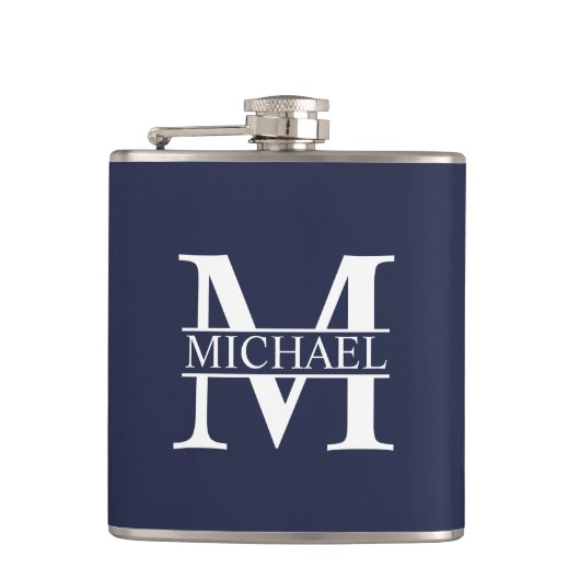 Navy Blue Personalisiert Monogram und Name Flachmann (Vorderseite)