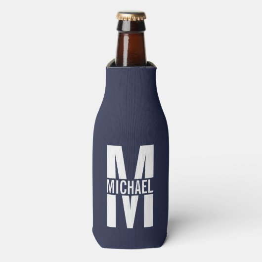 Navy Blue Personalisiert Monogram und Name Flaschenkühler (Flaschenvorderseite)