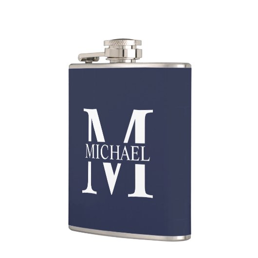 Navy Blue Personalisiert Monogram und Name Flask Flachmann (Links)
