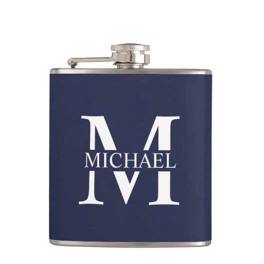 Navy Blue Personalisiert Monogram und Name Flask Flachmann (Vorderseite)