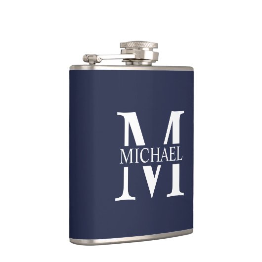 Navy Blue Personalisiert Monogram und Name Flask Flachmann (Rechts)