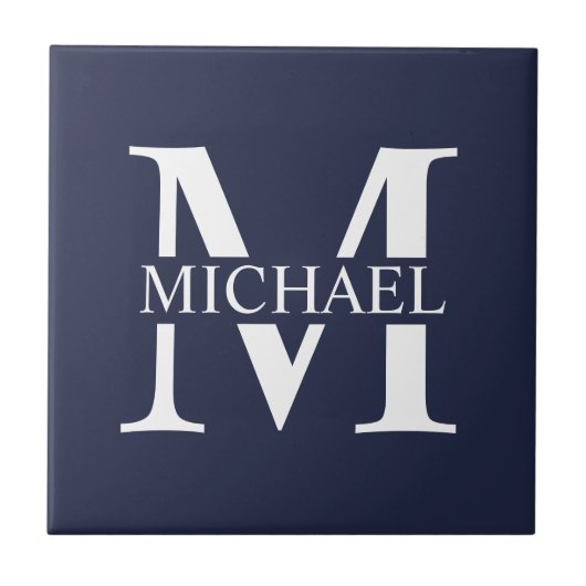 Navy Blue Personalisiert Monogram und Name Fliese (Vorderseite)