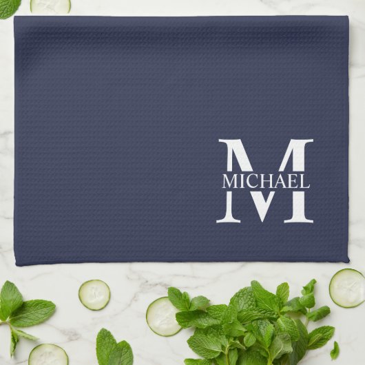 Navy Blue Personalisiert Monogram und Name Geschirrtuch (Gefaltet)