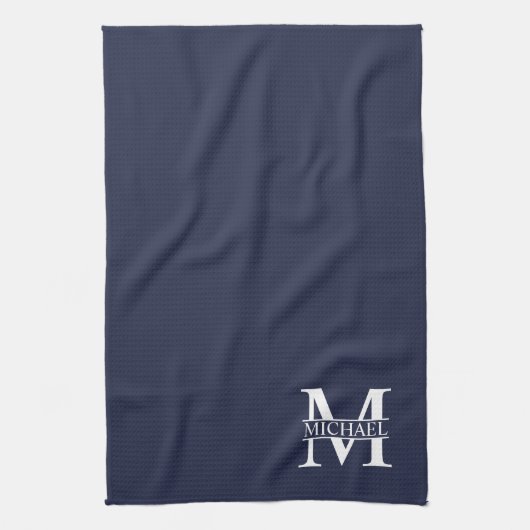 Navy Blue Personalisiert Monogram und Name Geschirrtuch (Vertikal)