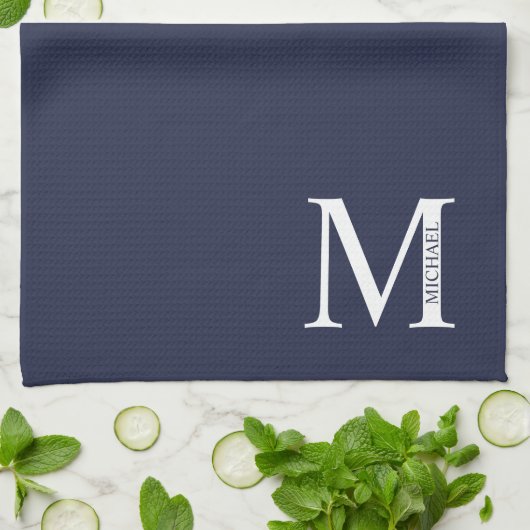 Navy Blue Personalisiert Monogram und Name Geschirrtuch (Gefaltet)