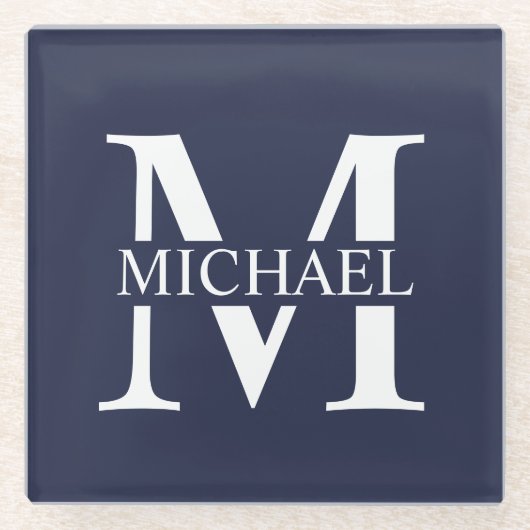 Navy Blue Personalisiert Monogram und Name Glasuntersetzer (Vorderseite)