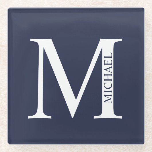 Navy Blue Personalisiert Monogram und Name Glasuntersetzer (Vorderseite)