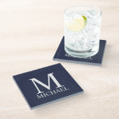Navy Blue Personalisiert Monogram und Name Glasuntersetzer (Schrägansicht)