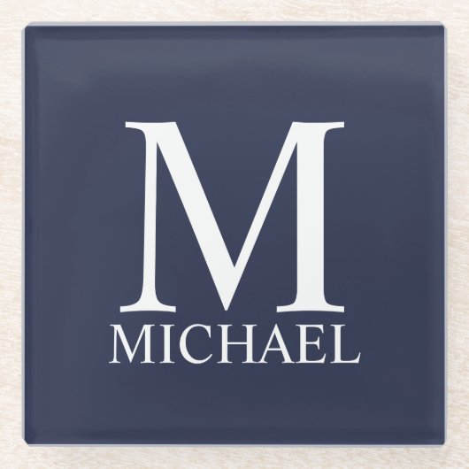 Navy Blue Personalisiert Monogram und Name Glasuntersetzer (Vorderseite)