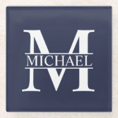 Navy Blue Personalisiert Monogram und Name Glasuntersetzer (Vorderseite)