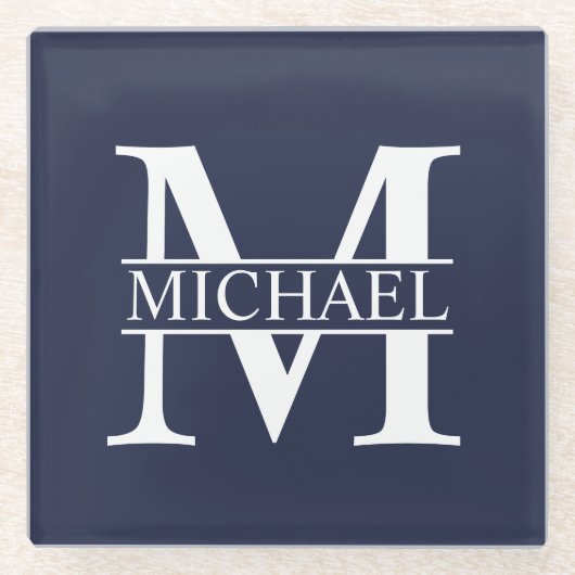 Navy Blue Personalisiert Monogram und Name Glasuntersetzer (Vorderseite)