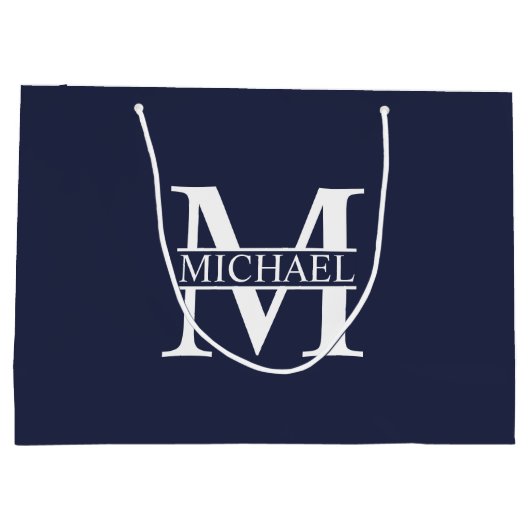 Navy Blue Personalisiert Monogram und Name Große Geschenktüte (Rückseite)