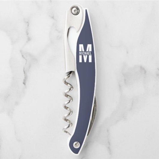 Navy Blue Personalisiert Monogram und Name Kellnermesser (Vorderseite)