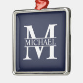 Navy Blue Personalisiert Monogram und Name Ornament Aus Metall (Links)