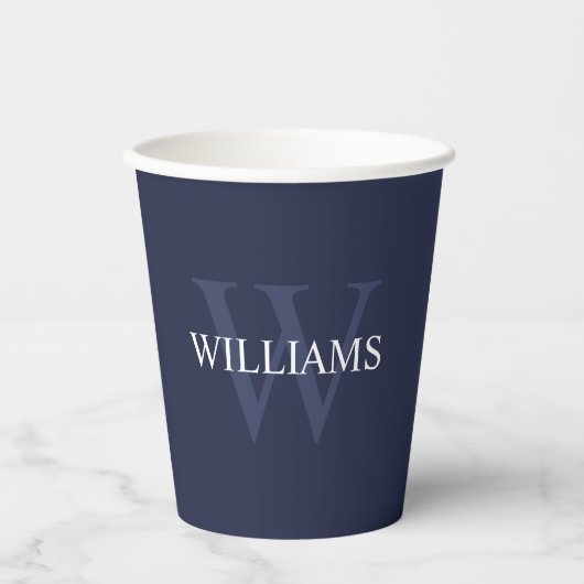 Navy Blue Personalisiert Monogram und Name Pappbecher (Vorderseite)