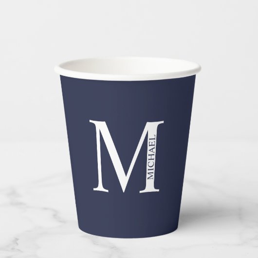 Navy Blue Personalisiert Monogram und Name Pappbecher (Vorderseite)