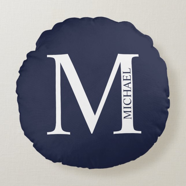 Navy Blue Personalisiert Monogram und Name Rundes Kissen (Vorderseite)