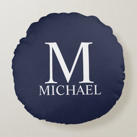 Navy Blue Personalisiert Monogram und Name Rundes Kissen (Vorderseite)