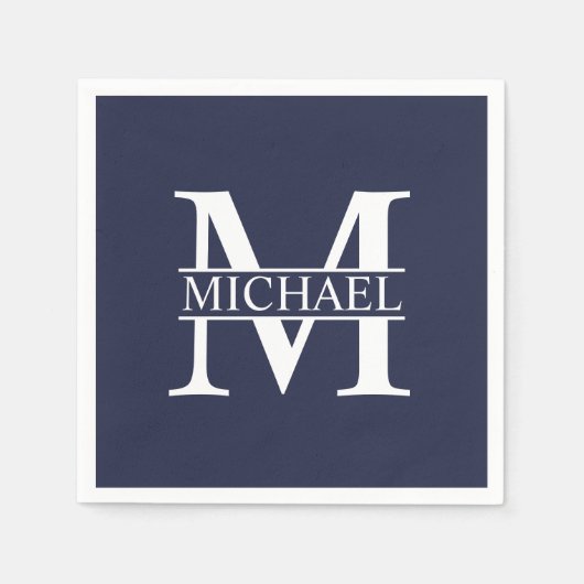 Navy Blue Personalisiert Monogram und Name Serviette (Vorderseite)