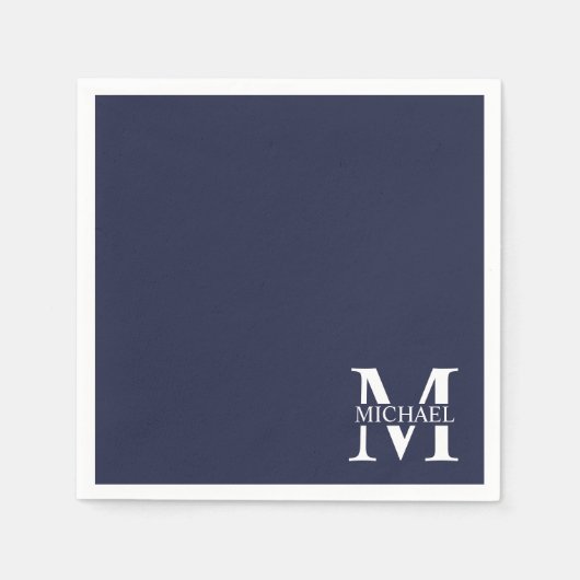 Navy Blue Personalisiert Monogram und Name Serviette (Vorderseite)