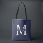 Navy Blue Personalisiert Monogram und Name Tasche<br><div class="desc">Personalisierte Monogramm- und Namensgeschenke mit personalisiertem,  weißem Monogramm im klassischen Serif-Schriftart-Stil mit einem Namenskasten in der Mitte des Monogramms auf marinebasischem Hintergrund.</div>