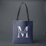 Navy Blue Personalisiert Monogram und Name Tasche<br><div class="desc">Personalisierte Monogramm- und Namensgeschenke mit personalisiertem,  weißem Monogramm im klassischen Serif-Schriftart-Stil mit einem Namenskasten in der Mitte des Monogramms auf marinebasischem Hintergrund.</div>