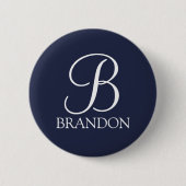 Navy Blue Personalisiert Script Monogram und Name Button (Vorderseite)