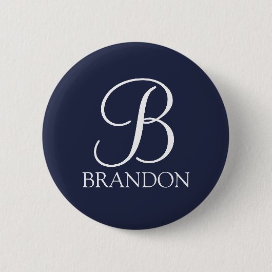 Navy Blue Personalisiert Script Monogram und Name Button (Vorderseite)