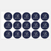 Navy Blue Personalisiert Script Monogram und Name Etiketten (Blatt)